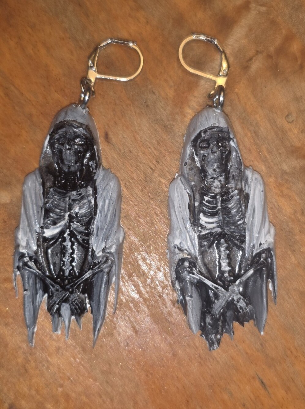 Grim Reaper Resin Handpainted Earrings With Leverback Closures. Stainless Steel